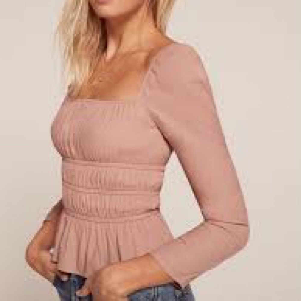 Long sleeve pink / dusty rose square neck long sleeve peasant top with ruching